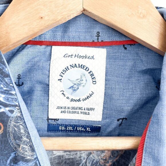 A Fish Named Fred Got Hooked Men's Button Down Shirt Anchor Squid Blue XL - Picture 3 of 9